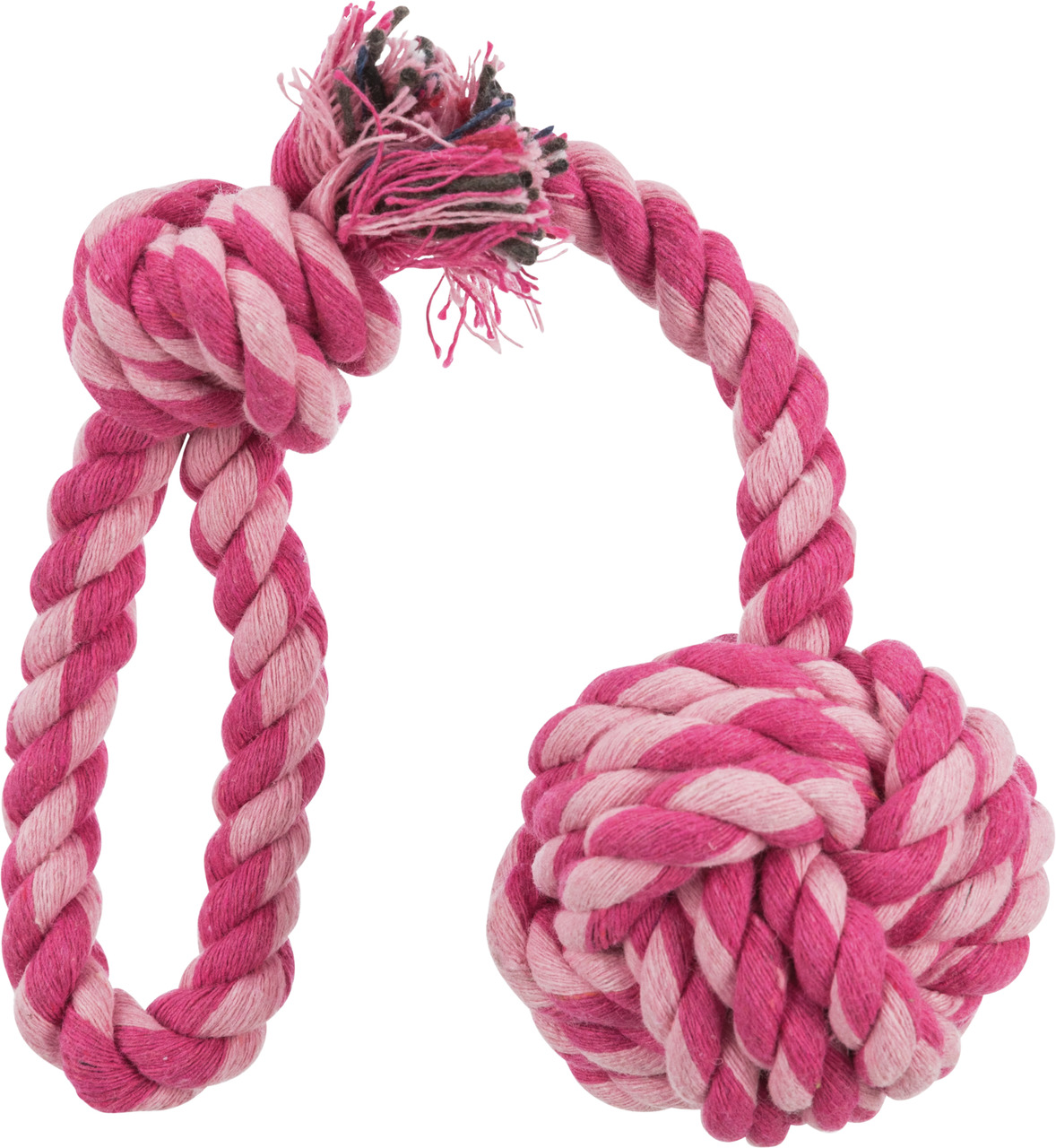 Das Bild zeigt ein robustes Hundespielzeug der Marke TRIXIE, bestehend aus einem pink-weiß geflochtenen Baumwollseil mit einem Knotenball an einem Ende. Es ist für Hunde aller Größen geeignet und ideal für Zerr- und Wurfspiele. Das langlebige Material för