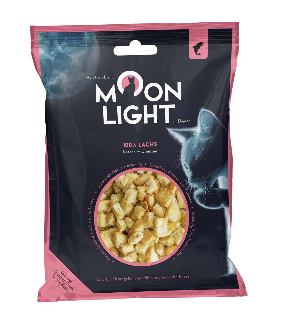 „Moonlight Dinner“ Katzenfutter, 100 % Lachs, gefriergetrocknet, ohne künstl. Zusätze, natürliche Aromen, ca. 50 g.