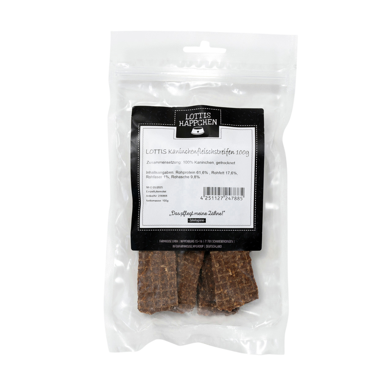 LOTTIS HÄPPCHEN Kaninchenfleischstreifen, 100 g, für Hunde, 100 % Kaninchen, zahnreinigend, Rohprotein 81,6 %, Rohfett 17,6 %.
