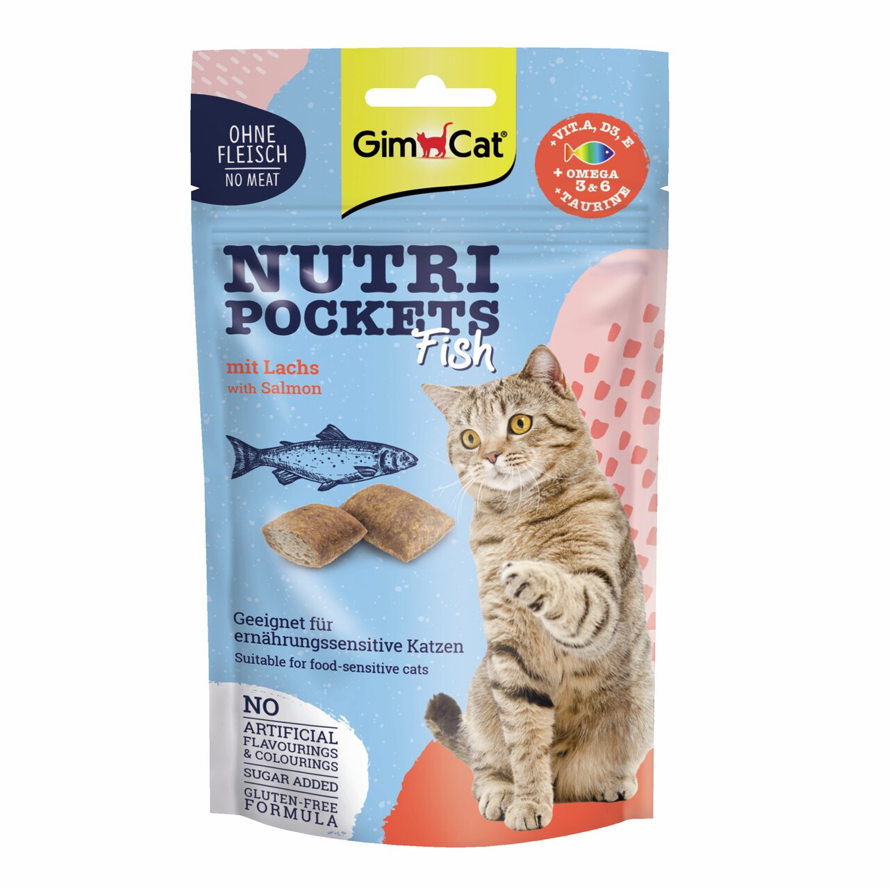 GimCat Nutri Pockets Fish mit Lachs für ernährungssensitive Katzen, ohne künstliche Zusätze, mit Omega 3 & 6, 60 g.