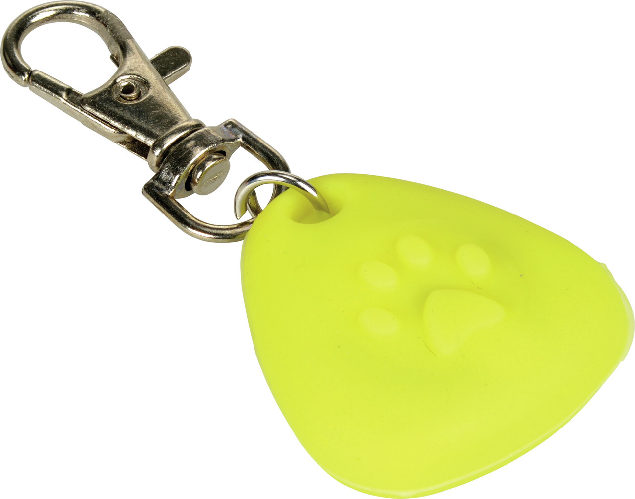 Gelbes LED-Halsbandlicht AniOne für Hunde, geformt wie ein Tropfen mit Pfotenabdruck-Design. Ausgestattet mit einem silberfarbenen Metallkarabiner zur Befestigung am Halsband. Ideal für bessere Sichtbarkeit bei Dunkelheit. Zielgruppe: Hundehalter. Marke: 