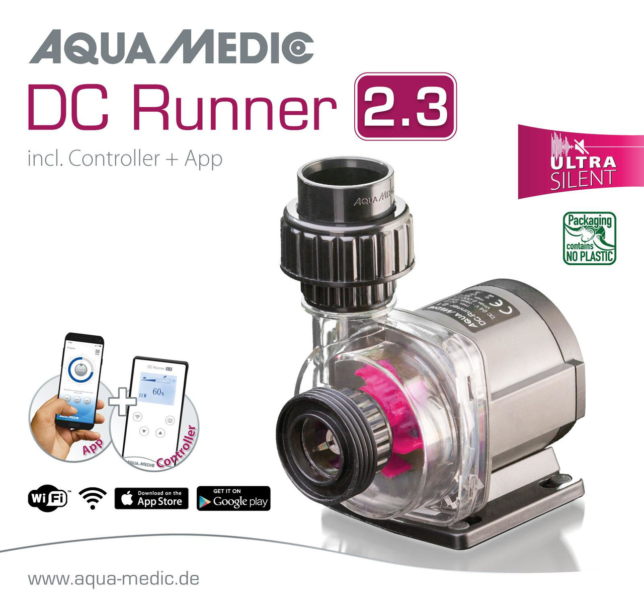 Aqua Medic DC Runner 2.3: leise Aquarienpumpe (Süß-/Meerwasser), WLAN/App, umweltfreundl. Verpackung, ideal für Aquaristik-Fans.