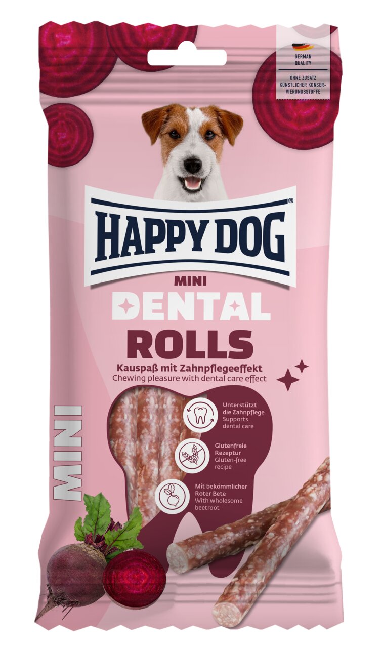 HAPPY DOG Mini Dental Rolls für Hunde, Geschmack Rote Bete, glutenfrei, unterstützt Zahnpflege, Inhalt: 100 g.