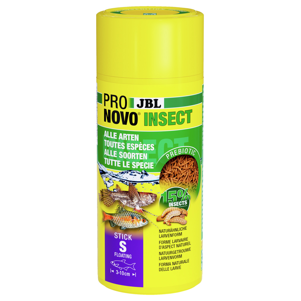 JBL Pro Novo Insect, Fischfutter für Zierfische (3-10 cm), 15 % Insekten, Larvenform, Süßwasser, Sticks S, schwimmend, alle Arten.