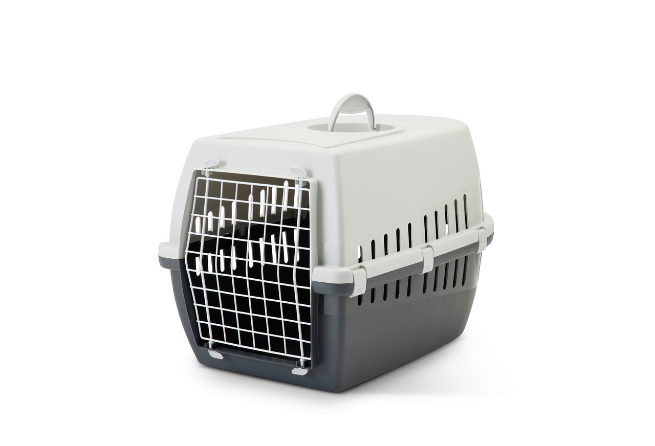 Transportbox SAVIC Trotter 1 für Katzen & kl. Hunde, zweifarbig (Weiß/Dunkelgrau), Metallgittertür, Belüftung, Tragegriff, ideal f. Reisen.