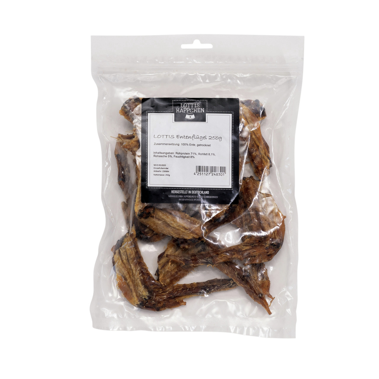 LOTTIS HÄPPCHEN Entenflügel 250g: Snack f. Hunde, 100% Ente, natürl. Leckerli f. Hundehalter.