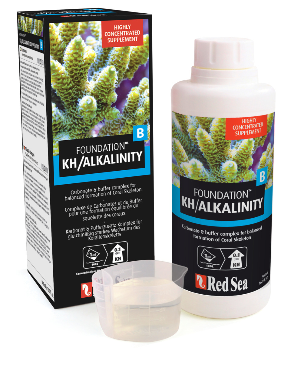 Red Sea Foundation B KH/Alkalinity, Supplement für Aquaristik, Karbonat-Puffer, Korallenwachstum, 500 ml, inkl. Messbecher & Verpackung.
