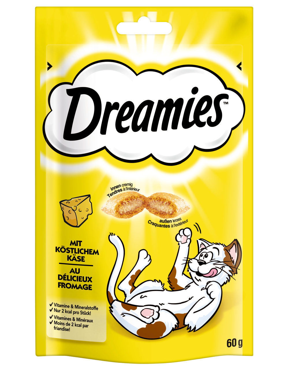 Dreamies Katzensnacks „Köstlicher Käse“, 60 g, für ausgewachsene Katzen, innen cremig, außen kross, 