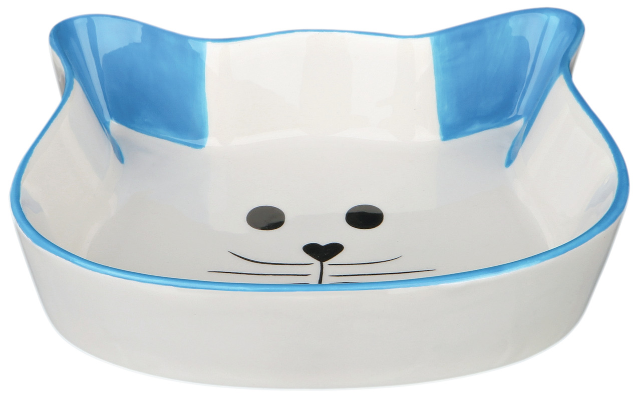 Keramik-Futternapf von TRIXIE für Katzen in weiß-blauem Design. Der Napf hat die Form eines Katzenkopfes mit aufgemaltem Katzengesicht und blauen Ohren. Ideal für Trocken- oder Nassfutter. Fassungsvermögen: ca. 250 ml. Rutschfest und leicht zu reinigen. E