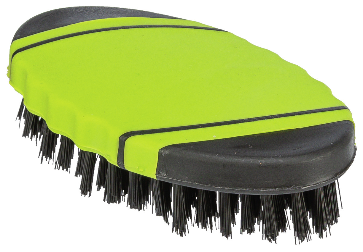 Das Bild zeigt die TRIXIE Universalbürste für Haustiere, geeignet für Hunde und Katzen. Die Bürste hat einen ergonomischen, grün-schwarzen Griff und robuste schwarze Borsten, ideal zur Fellpflege und Entfernung von Schmutz. Perfekt für die tägliche Pflege