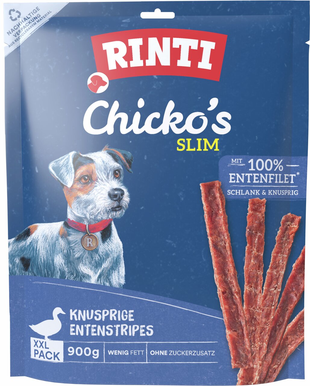 RINTI Chicko's Slim Entenstripes, 900 g, für Hunde. 100 % Entenfilet, wenig Fett, ohne Zucker, XXL-Snack, recycelbare Verpackung.