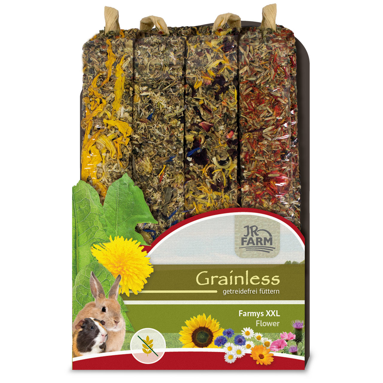 JR FARM Grainless Farmys XXL Flower, Snack f. Kaninchen-Meerschweinchen, Geschmacksr. Flower, artgerecht, bunte Sticks, getreidefrei.