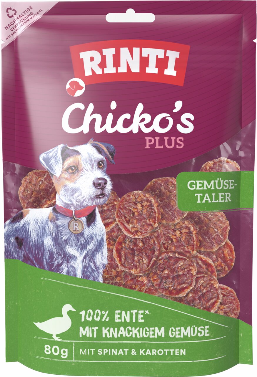 RINTI Chicko’s Plus Gemüse-Taler, für Hunde, 100 % Ente, Spinat & Karotten, 80 g, knuspriger Snack, nachhaltige Verpackung.