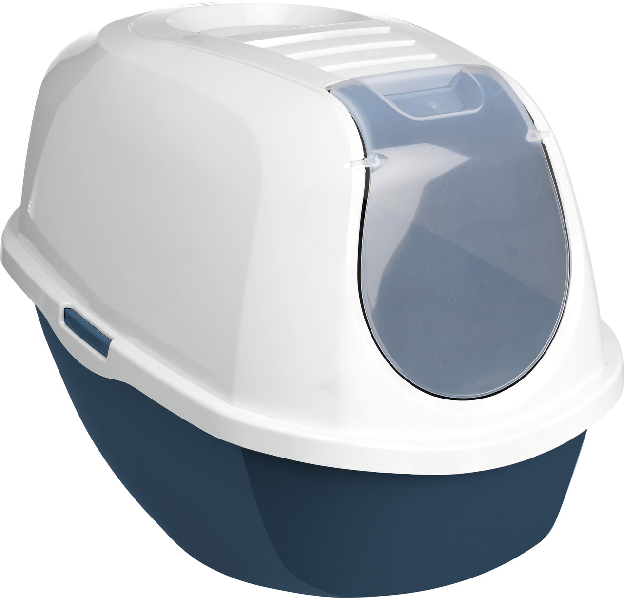 AniOne Katzentoilette m. Haube, f. Katzen aller Größen, Weiß/Dunkelblau, m. Schwingtür & Griff, hygienisch, leicht zu reinigen.