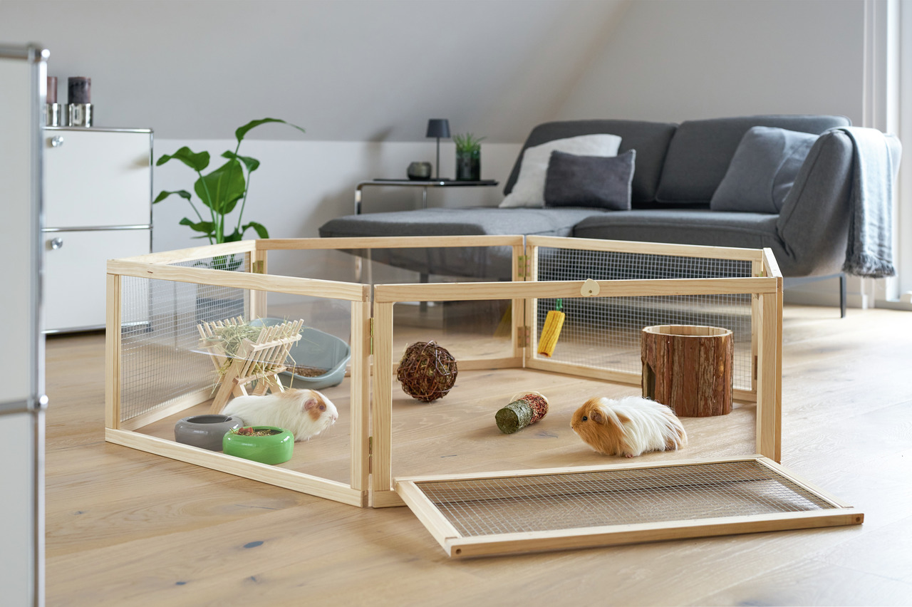 AniOne Kleintier-Freilauf Holz, für Meerschweinchen & Kleintiere, mit Tür, Gitter, Zubehör, ideal innen, geräumig & sicher.