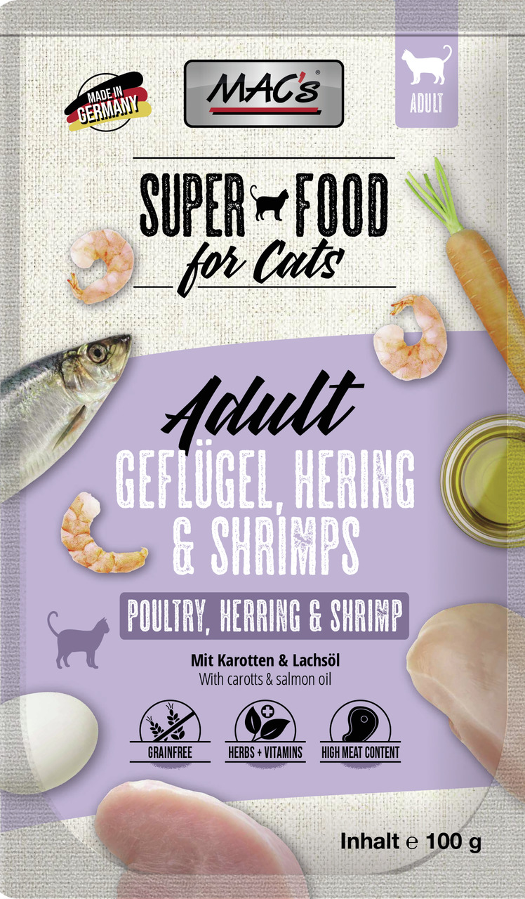 MAC's Superfood f. Cats Adult, Geflügel-Hering-Shrimps, 100 g, getreidefrei, m. Karotten & Lachsöl, reich an Fleisch & Vitaminen.