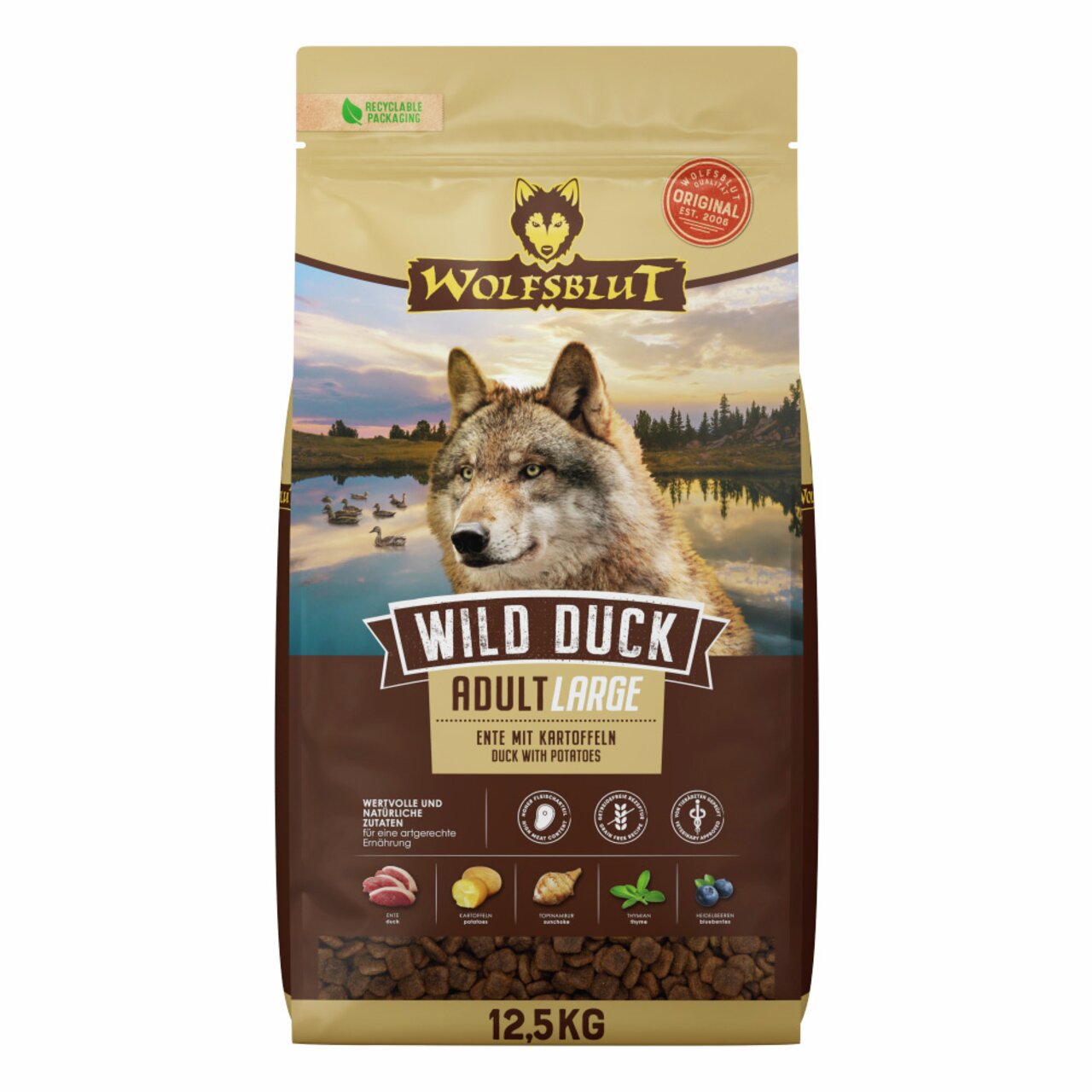 Wolfsblut Wild Duck Large Breed, 12,5 kg, getreidefreies Premium-Hundefutter mit Ente & Kartoffeln, für große Hunderassen.