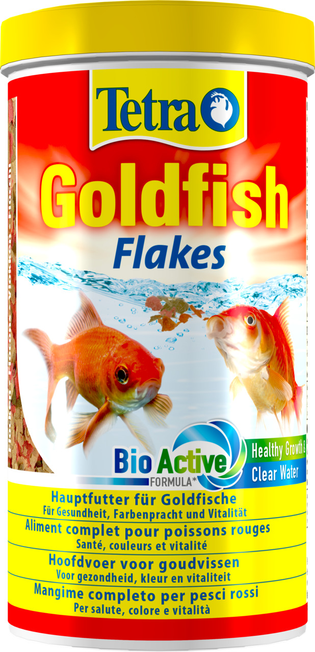 Das Bild zeigt eine Dose des Fischfutters „Tetra Goldfish Flakes“ der Marke Tetra. Es handelt sich um ein Hauptfutter für Goldfische, das Gesundheit, Farbenpracht und Vitalität fördert. Die Verpackung enthält die BioActive-Formel für gesundes Wachstum und