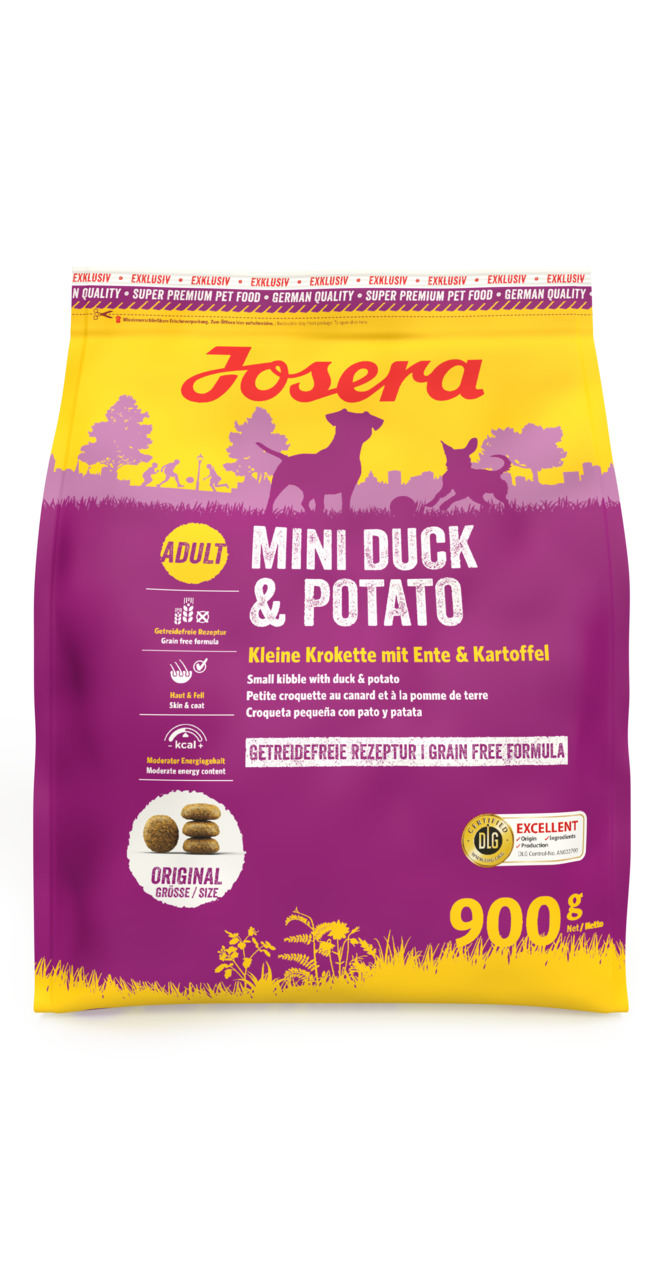 Das Bild zeigt eine 900 g Packung Josera Mini Duck & Potato Hundefutter. Dieses getreidefreie Trockenfutter ist speziell für ausgewachsene Hunde kleiner Rassen entwickelt. Es enthält Ente und Kartoffel als Hauptzutaten und bietet eine moderate Energiezufu