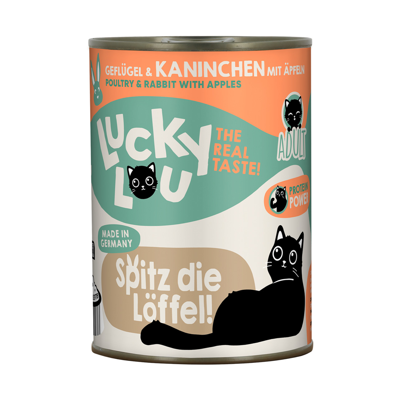 Lucky Lou Katzenfutter Adult, Geflügel & Kaninchen mit Äpfeln, "The Real Taste!", "Protein Power", Hergestellt in Deutschland.