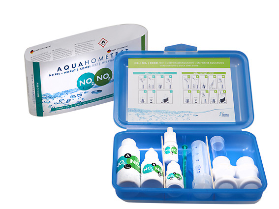 Fauna Marin Aquahometest NO2/NO3 Kombi-Test, für Aquarienbesitzer, misst Nitrit/Nitrat, inkl. Reagenzien, Zubehör, blaue Box.
