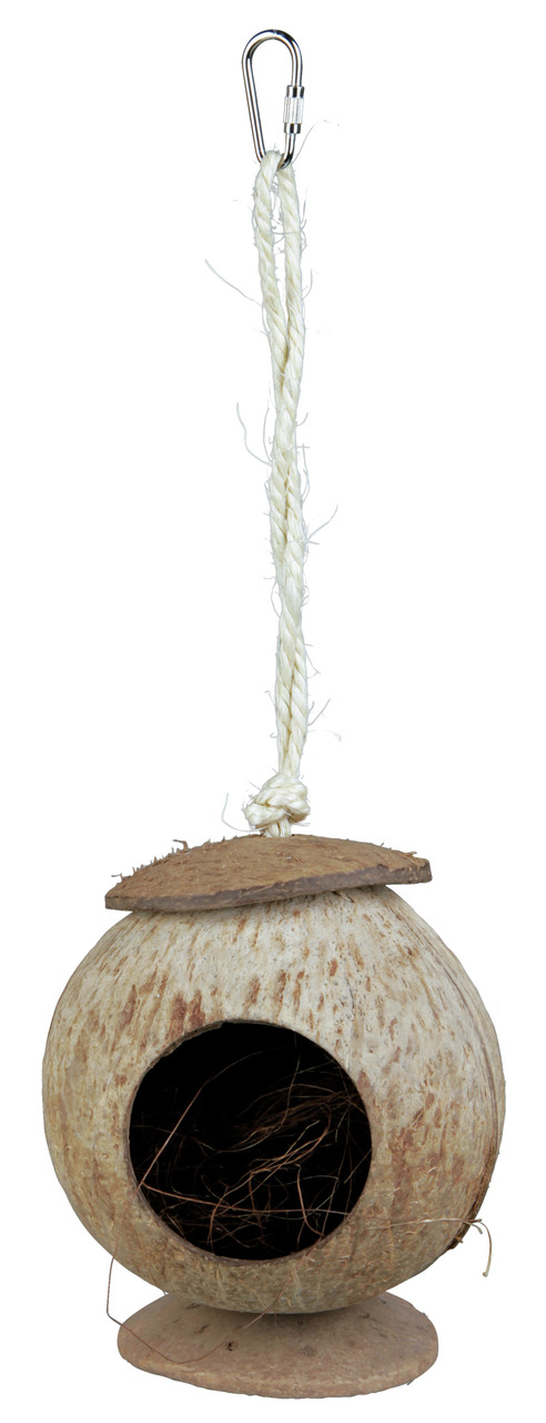 TRIXIE Kokosnuss-Höhle für Ziervögel, Nistplatz/Versteck, nat. Material, robustes Seil+Karabiner, ca. 12 cm, fördert Wohlbefinden.
