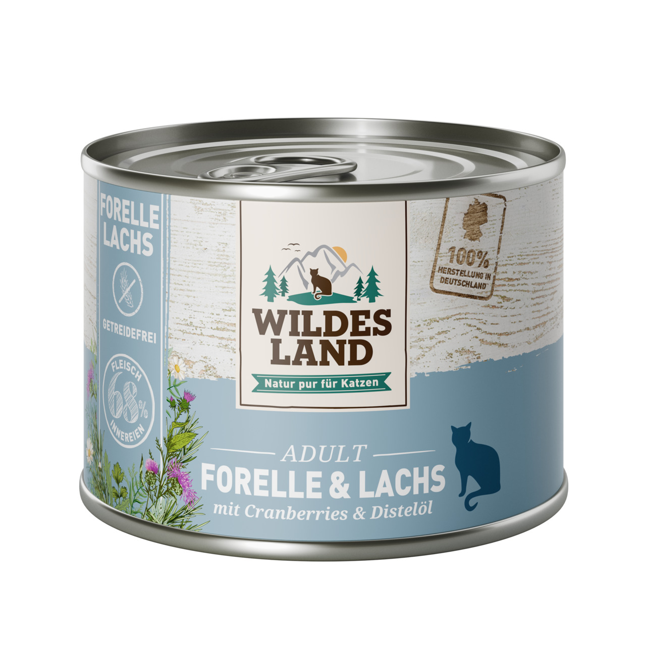 Wildes Land Katzenfutter Adult Forelle & Lachs, getreidefrei, mit Cranberries & Distelöl, 68 % Fleisch, 100 % Herstellung in Deutschland.
