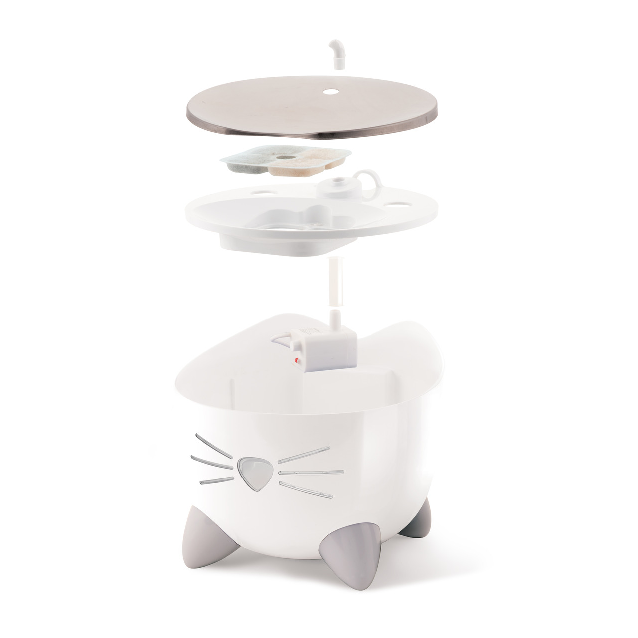 Catit PIXI Trinkbrunnen, Katzen, 2,5L, weiß-grau, katzenförmig, mit Filter & Pumpe, Explosionsansicht zeigt Komponenten.