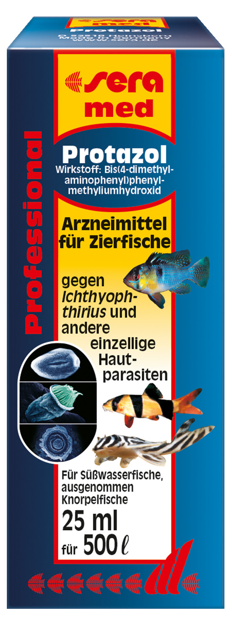 Sera med Protazol, Arzneimittel f. Zierfische (Süßwasser, keine Knorpelfische), gg. Ichthyophthirius, 25 ml für 500 l Wasser.