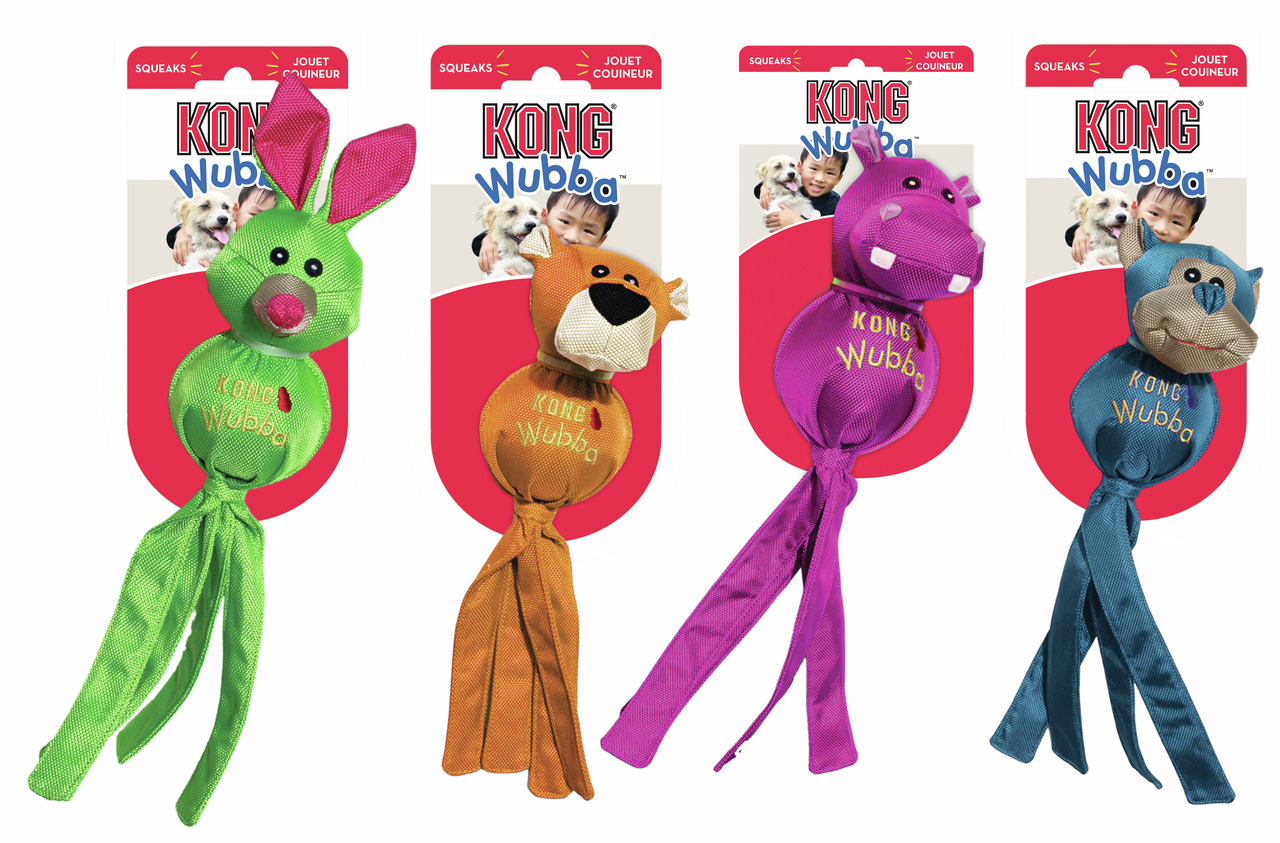 KONG Wubba Hundespielzeug, Zielgruppe: Hunde, Tierformen (Hase, Löwe, Nilpferd, Bär), mit Quietscher, robust, ideal für Spiel & Wurf.