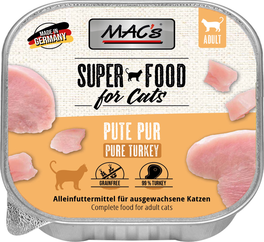 MAC's Superfood for Cats, Pute Pur, Alleinfutter f. erw. Katzen, getreidefrei, 99 % Pute, hergestellt in DE, orange, frisches Putenfleisch.