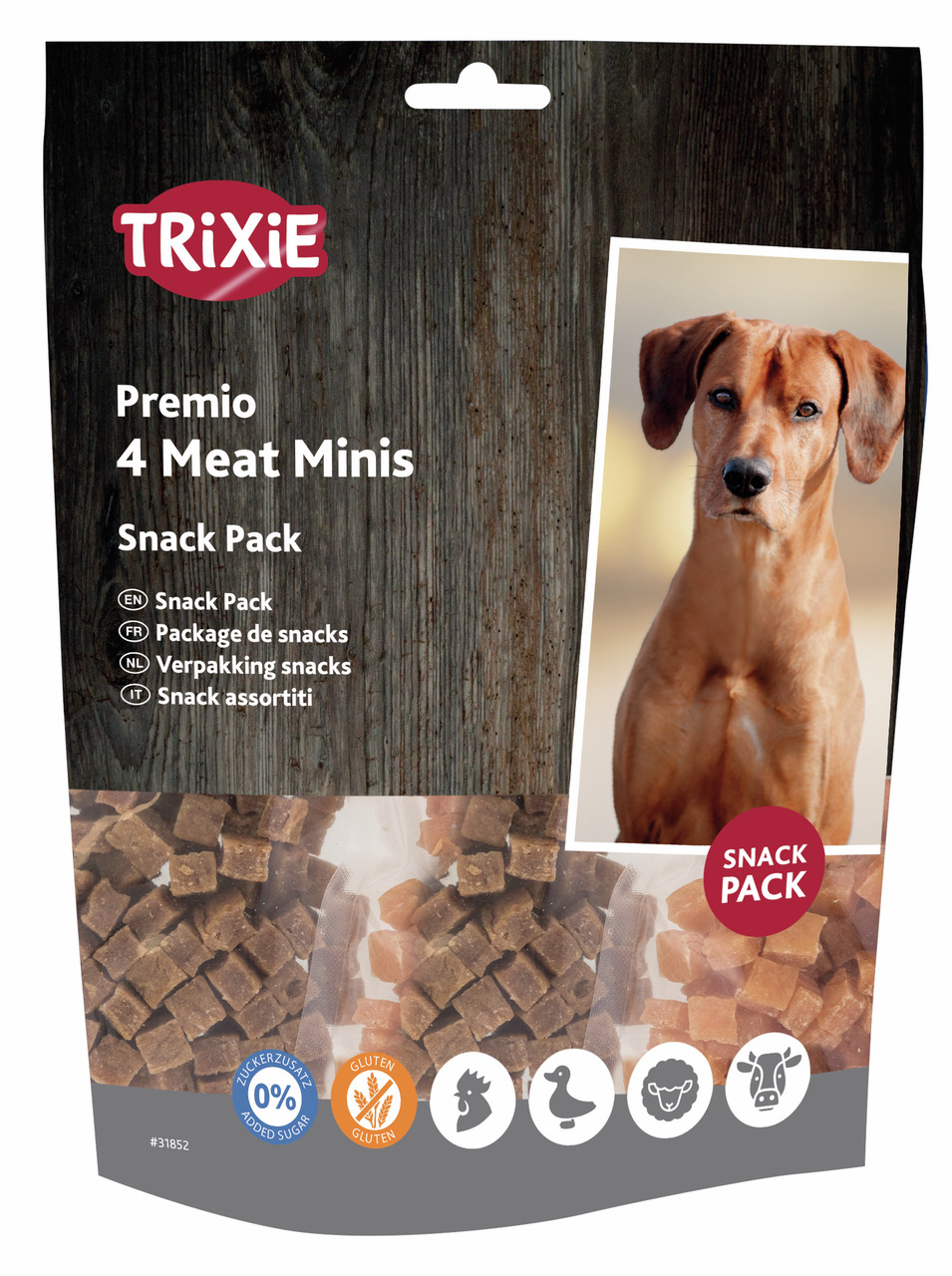 Die Verpackung zeigt das Produkt „TRIXIE Premio 4 Meat Minis Snack Pack“, ein Hundesnack für ausgewachsene Hunde. Die Geschmacksrichtungen umfassen Huhn, Ente, Rind und Lamm. Die Packung enthält kleine, würfelförmige Snacks, ist glutenfrei und ohne Zucker