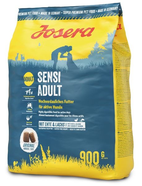 Josera Sensi Adult, Hundefutter für ausgewachsene, aktive Hunde, Ente & Lachs, 900 g, hochverdaulich, Premium, hergestellt in Deutschland.