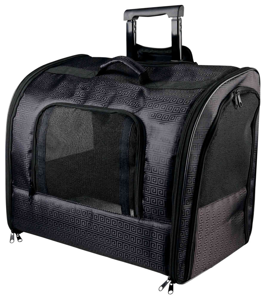 TRIXIE Trolley-Tasche, für kl. Hunde-Katzen, schwarz, geometr. Muster, Netzfenster, ausziehb. Griff, Rollen, ideal für Reisen, Tierarzt.