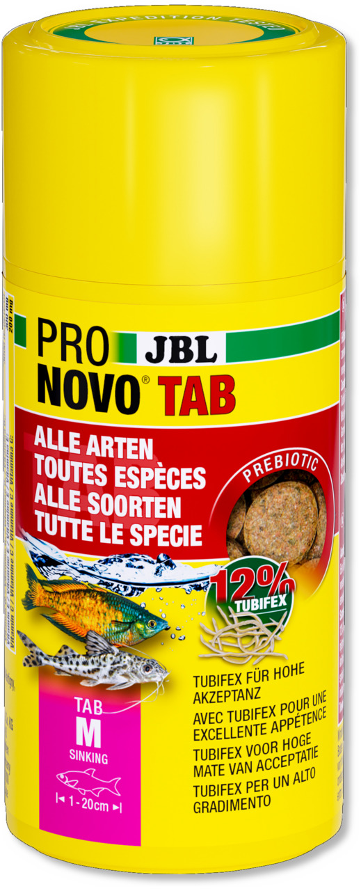 Das Bild zeigt eine gelbe Dose des Fischfutters "JBL ProNovo Tab M" für alle Fischarten. Die Zielgruppe sind Aquarienfische von 1-20 cm. Das Produkt enthält 12 % Tubifex und ist präbiotisch für eine hohe Akzeptanz. Die Menge ist nicht erkennbar. Die Gesch