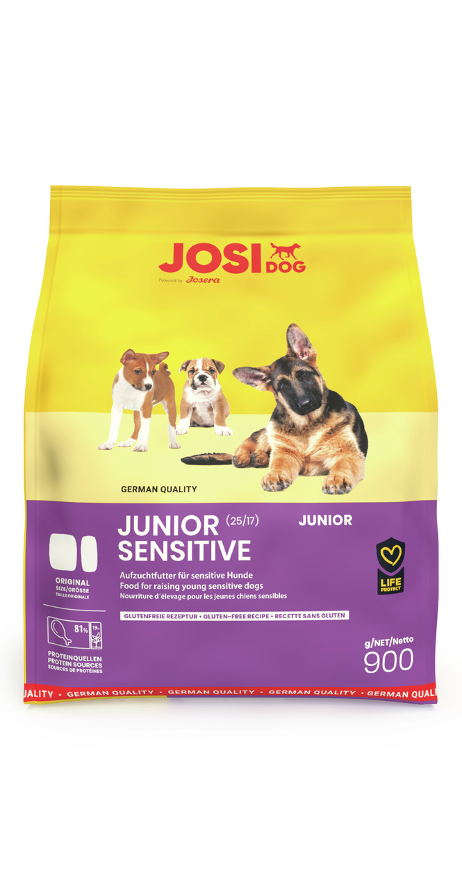 Josera JosiDog Junior Sensitive, für junge sensible Hunde, glutenfrei, 81 % tierisches Protein, 900 g, mit spielenden Welpen.
