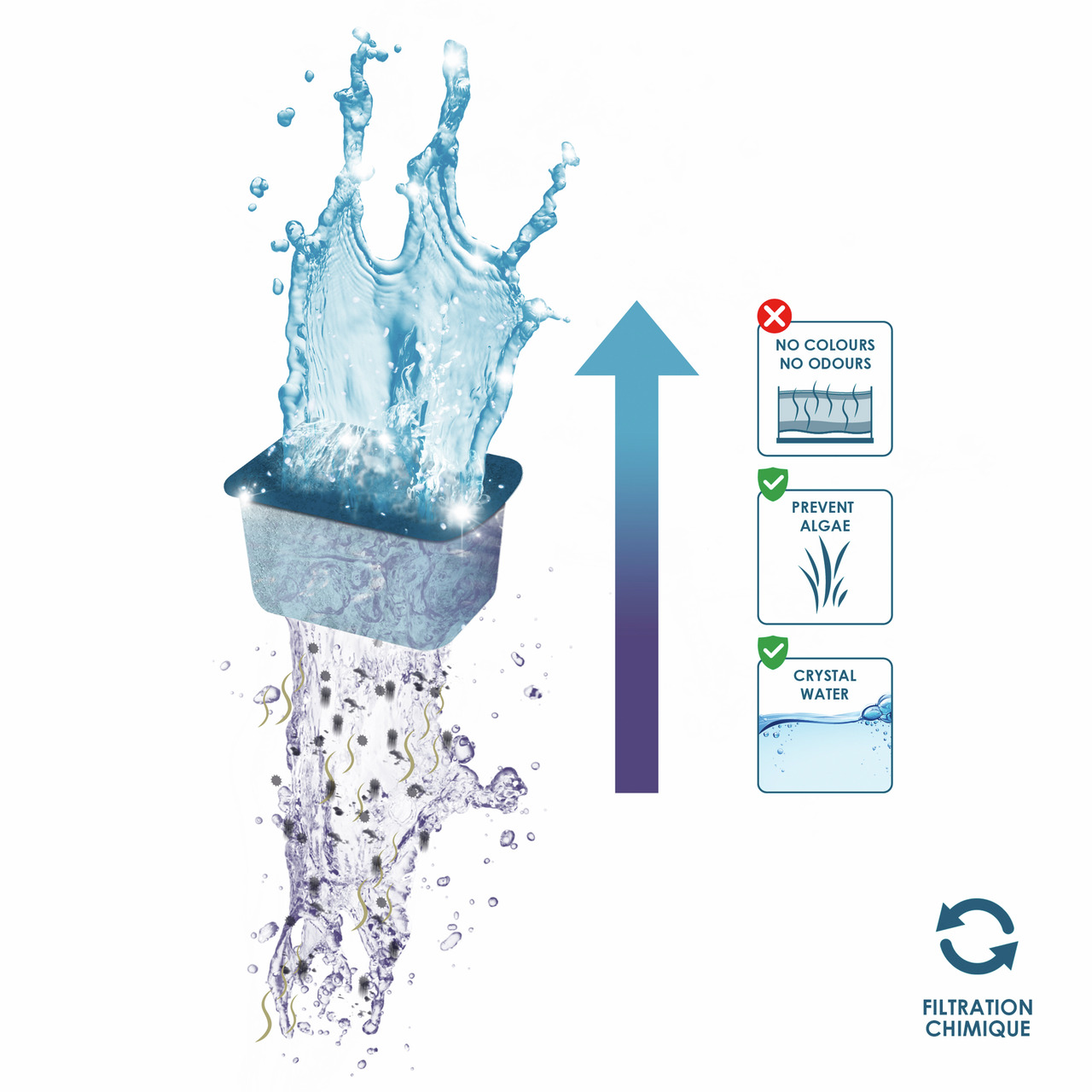 Das Bild zeigt den Ciano Wasserfilter, ein Produkt für Aquarienbesitzer. Der Filter ist darauf ausgelegt, klares und geruchsfreies Wasser zu gewährleisten, indem er Algenbildung verhindert. Eine Illustration zeigt Wasser, das durch den Filter gereinigt wi