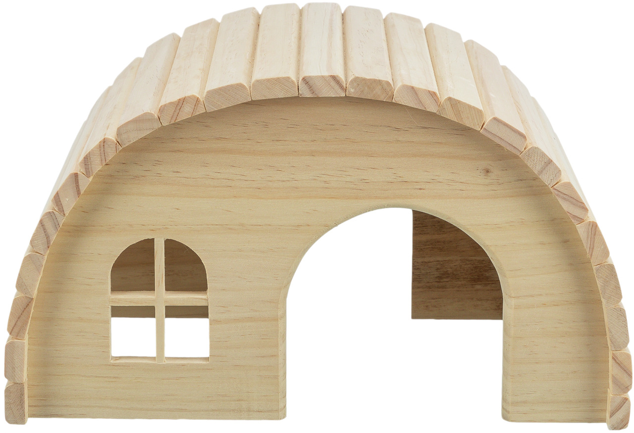 Das Bild zeigt das TRIXIE Holzhaus für Kleintiere, ein natürliches und robustes Häuschen aus unbehandeltem Holz. Es ist speziell für Kleintiere wie Hamster oder Mäuse geeignet und bietet ihnen einen sicheren Rückzugsort. Das Design umfasst ein gewölbtes D