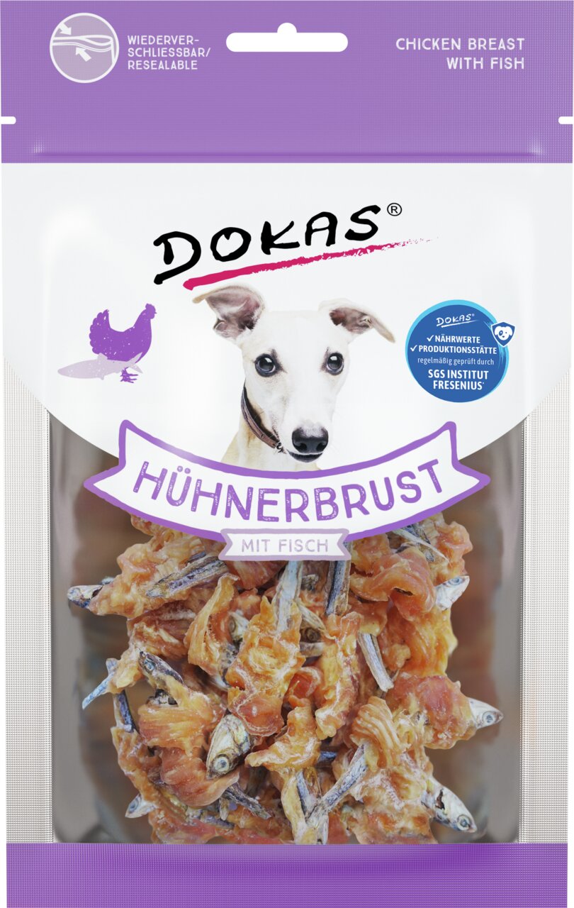 DOKAS „Hühnerbrust mit Fisch“ für Hunde, Geschmack Huhn & Fisch, getrocknet, SGS-geprüft, fördert hochwertige Ernährung.