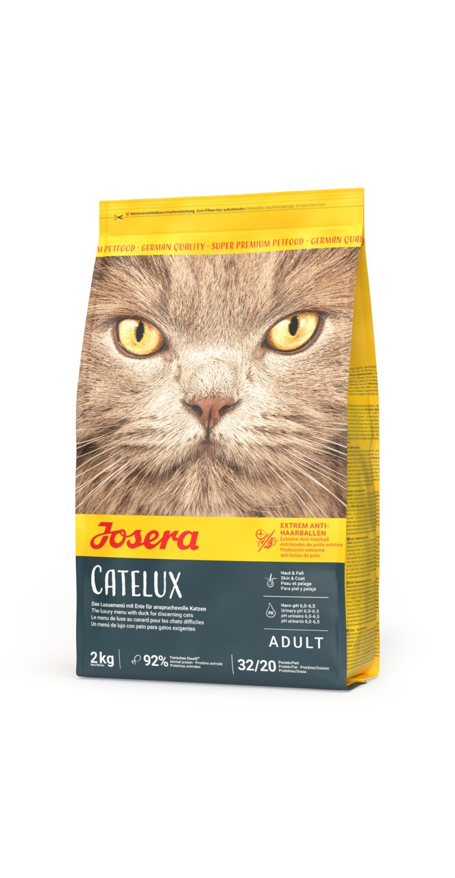 Josera Catelux Katzentrockenfutter für adulte Katzen, mit Ente und Kartoffel, Anti-Haarballen, 2 kg, 32-20 Rezeptur