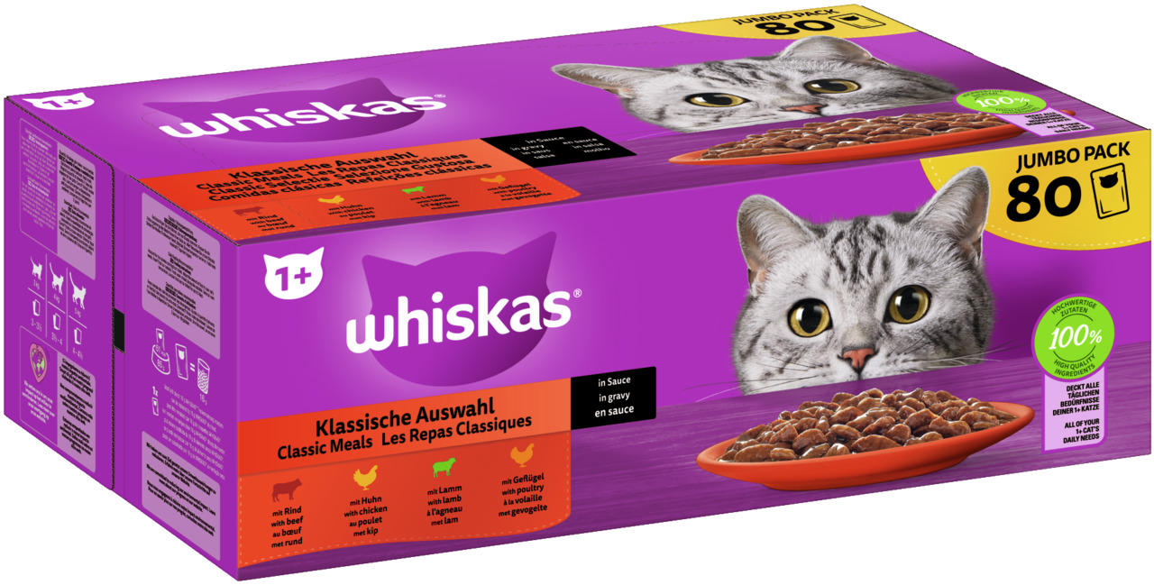 Whiskas Klassische Auswahl, Katzenfutter ab 1 Jahr, Rind/Huhn/Lamm/Geflügel in Sauce, 80 Beutel, 100 % ausgewogene Ernährung.