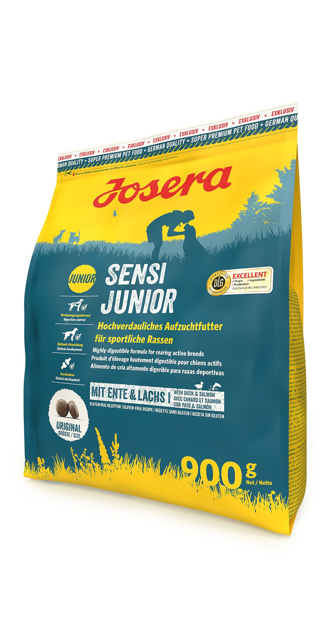 Josera Sensi Junior, 900 g, für junge Hunde sportl. Rassen, Ente & Lachs, glutenfrei, optimale Entwicklung, deutsche Qualität.