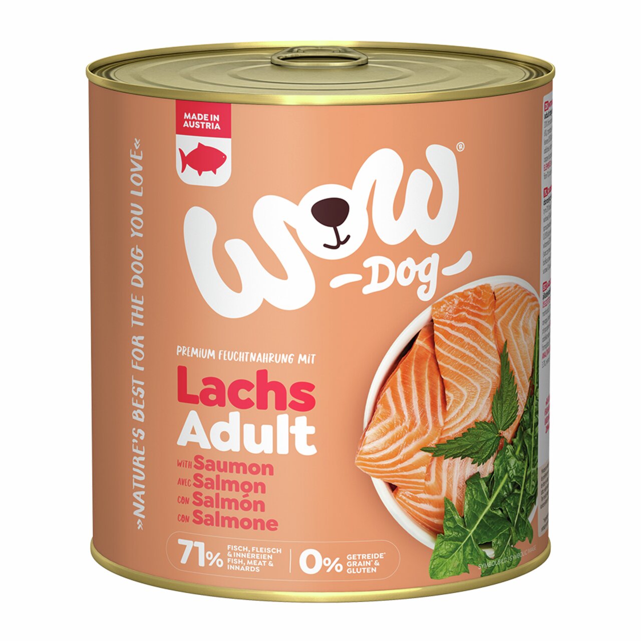 WOW Dog Lachs Adult, Nassfutter für erwachsene Hunde, Geschmacksrichtung Lachs, 800 g, getreidefrei, hoher Fleischanteil.