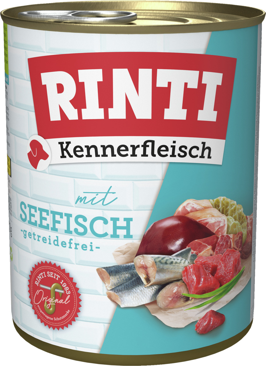 RINTI Kennerfleisch Seefisch, Hunde, getreidefrei, 800 g. "Seit 1983 – Original mit natürlichen Fleischstücken".