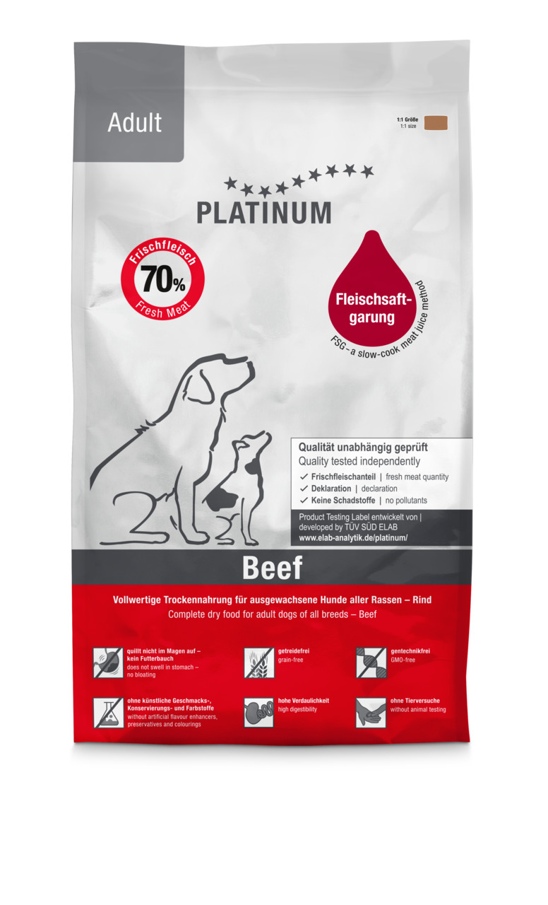 Das Bild zeigt eine Verpackung des Hundefutters „PLATINUM Adult Beef“. Es handelt sich um ein Trockenfutter für ausgewachsene Hunde aller Rassen mit der Geschmacksrichtung Rind. Die Verpackung hebt hervor, dass das Futter zu 70 % aus Frischfleisch besteht