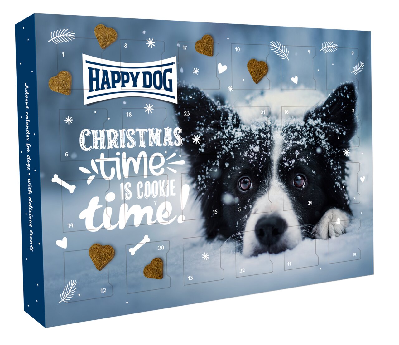 Adventskalender "Happy Dog" für Hunde mit Leckerlis, Geschmacksrichtung Mix, Weihnachtsmotiv, 24 Türchen, ca. 300 g.