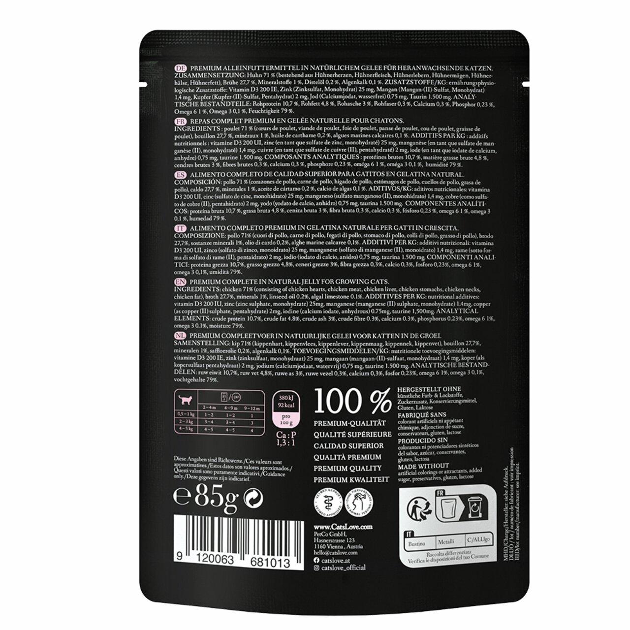 Premium Nassfutter Cat's Love für heranwachsende Katzen, Huhn in Gelee, 85 g, hochwertige Qualität, leicht verdaulich.