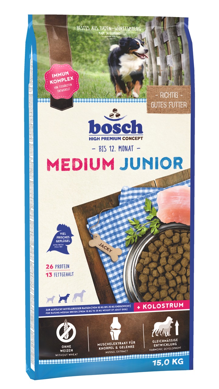 bosch High Premium Concept Medium Junior, 15 kg, für mittelgr. Hunde bis 12 Mon., Geflügel, weizenfrei, stärkt Immunsystem & Gelenke.