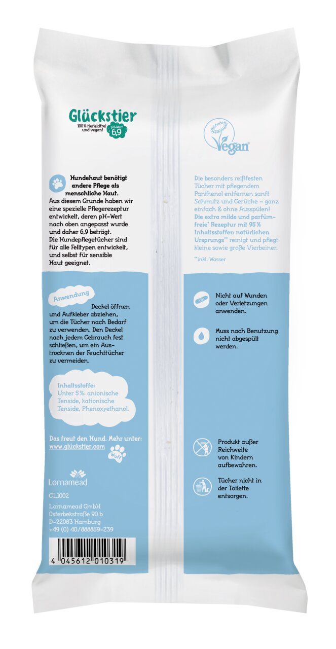 Glückstier feuchte Reinigungstücher für Hunde, Rückseite, vegan, pH-neutral für sensible Haut, 30 Tücher sichtbar.