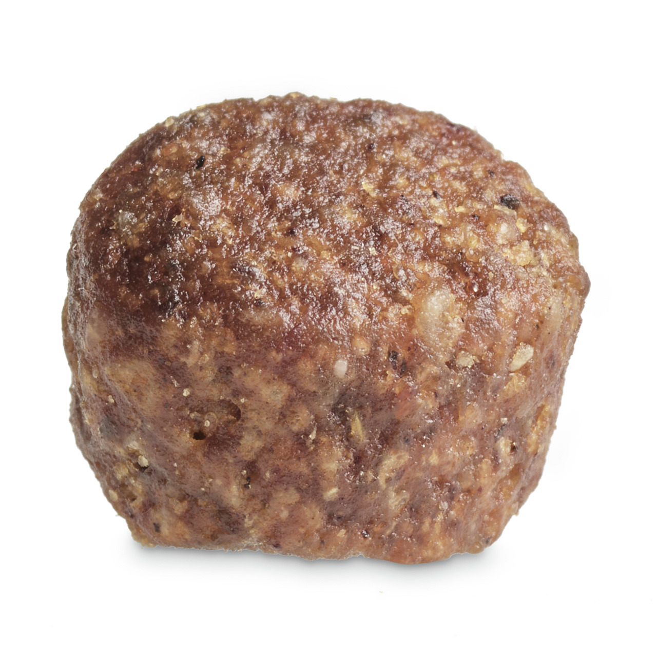 Das Bild zeigt ein einzelnes, fleischiges Leckerli der Marke TIKAANI, speziell für Hunde. Es handelt sich um ein hochwertiges Snackprodukt, das reich an natürlichen Zutaten ist. Die kompakte, runde Form und die leicht gebräunte Oberfläche deuten auf eine 